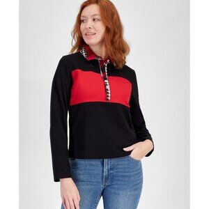 Nautica Jeans Womens Colorblocked Long Sleeve Rugby Top Black Red Size M NWT